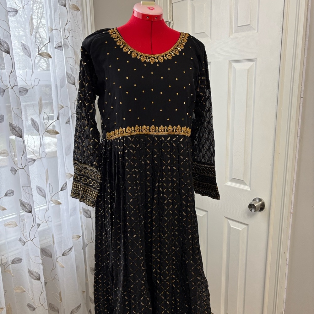Women's Black & Gold Embroidered Long Dress